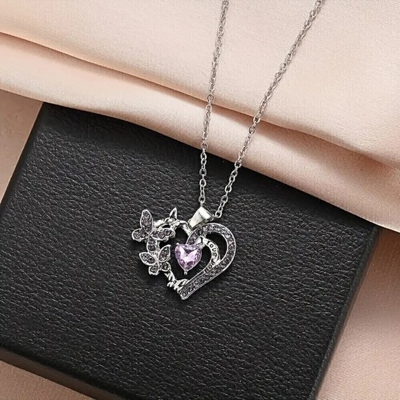 Butterfly Heart-shaped Necklace with Amethyst Stones and Chain - Picture 2 of 6